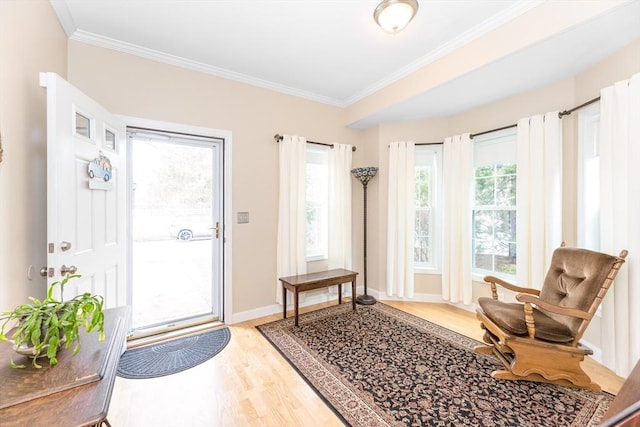 doorway to outside featuring baseboards, ornamental molding, and light wood-type flooring