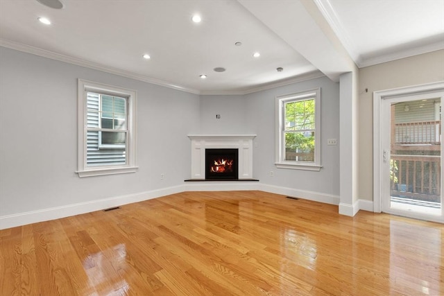 20 Winfield St Unit 1, Boston, MA 02127 - unfurnished living room featuring light wood finished floors, ornamental molding, a warm lit fireplace, and recessed lighting