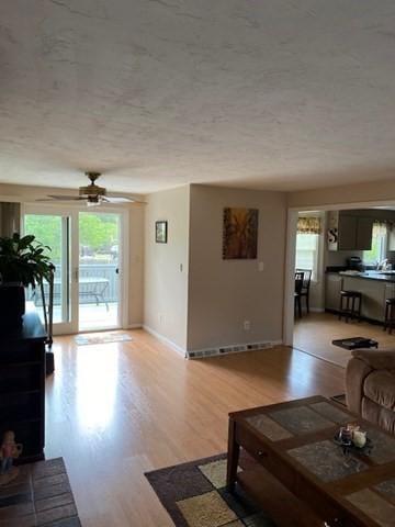 19 Camelot Ct Unit 19, Stoughton, MA 02072 - living room with healthy amount of natural light, light wood-type flooring, baseboards, ceiling fan, and a textured ceiling