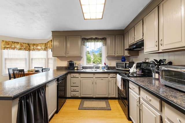 19 Camelot Ct Unit 19, Stoughton, MA 02072 - kitchen featuring black appliances, a sink, under cabinet range hood, a peninsula, and dark countertops