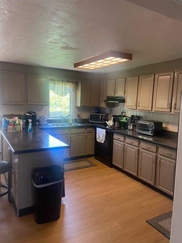 19 Camelot Ct Unit 19, Stoughton, MA 02072 - kitchen featuring stainless steel microwave, dark countertops, range hood, a sink, and light wood finished floors