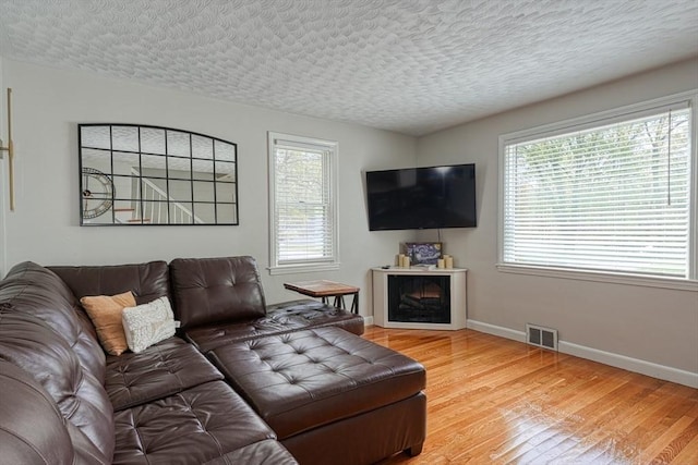 living area featuring healthy amount of natural light, light wood-style flooring, baseboards, and a textured ceiling