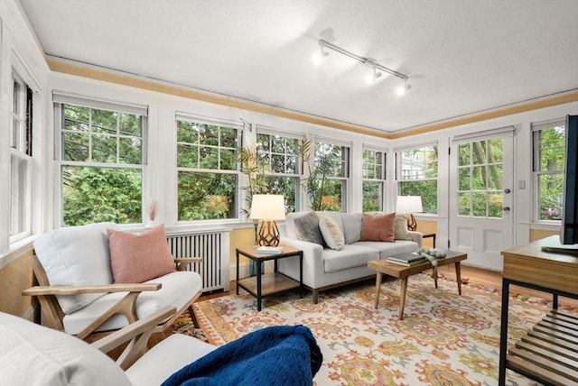 sunroom / solarium featuring radiator heating unit, track lighting, wood finished floors, and french doors