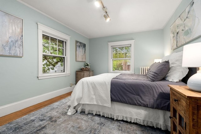 bedroom with radiator, wood finished floors, multiple windows, baseboards, and crown molding