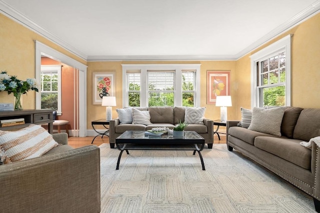 living room featuring light wood-style flooring, crown molding, and baseboards