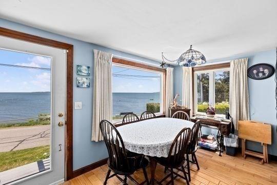 45 Rocky Nook Ave, Kingston, MA 02364 - dining room featuring a water view, a chandelier, and healthy amount of natural light