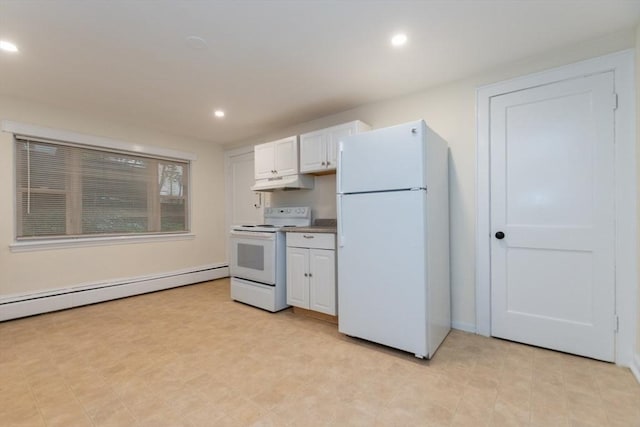 58 Aldrich Rd Unit A, Watertown, MA 02472 - kitchen featuring white appliances, under cabinet range hood, a baseboard radiator, recessed lighting, and white cabinets