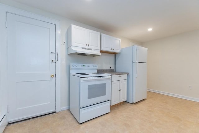58 Aldrich Rd Unit A, Watertown, MA 02472 - kitchen with white appliances, under cabinet range hood, white cabinets, recessed lighting, and light countertops