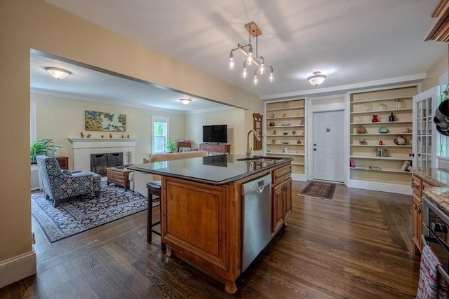 7 Argyle St, Worcester, MA 01609 - kitchen featuring dishwasher, brown cabinetry, open floor plan, a sink, and dark wood-type flooring