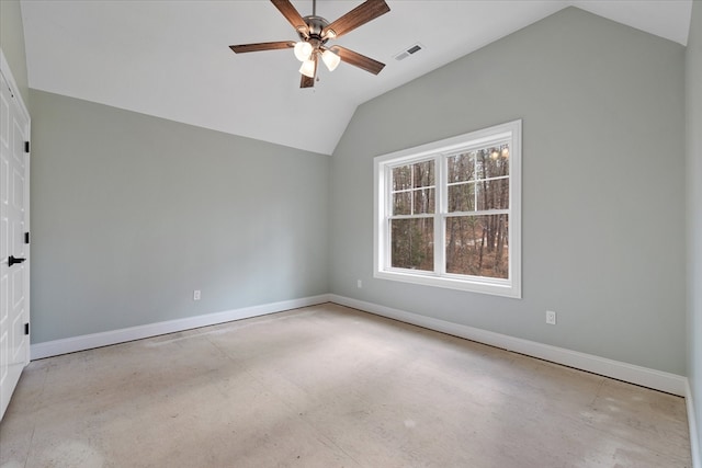 unfurnished room with ceiling fan and lofted ceiling