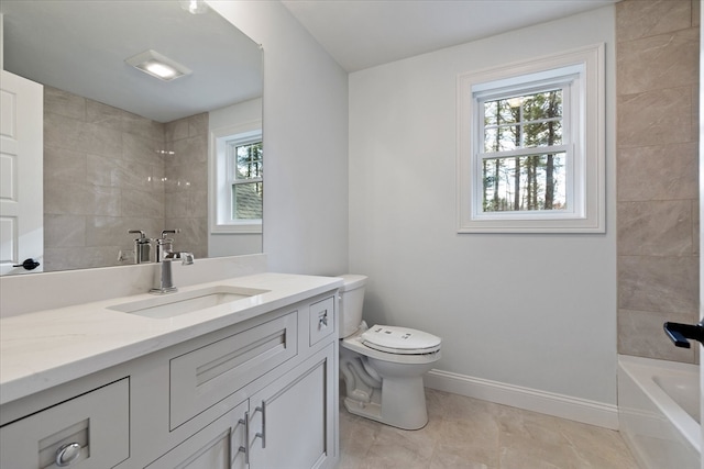 full bathroom with a wealth of natural light, tile patterned flooring, vanity, and toilet