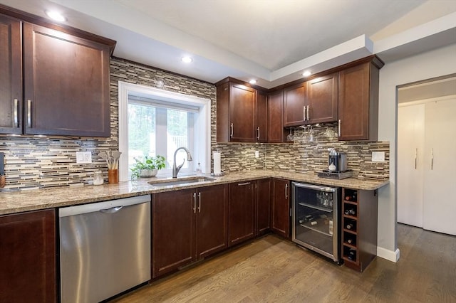 357 Ledge Rd, Seekonk, MA 02771 - kitchen featuring dishwasher, wood finished floors, wine cooler, and a sink
