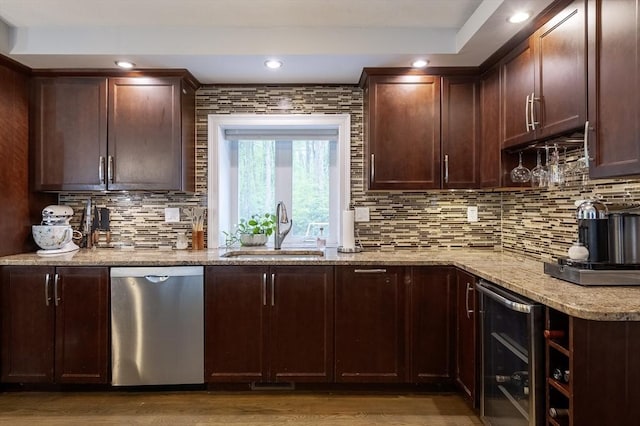357 Ledge Rd, Seekonk, MA 02771 - kitchen featuring a sink, tasteful backsplash, wine cooler, recessed lighting, and dishwasher