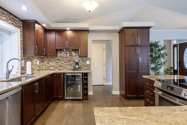 357 Ledge Rd, Seekonk, MA 02771 - kitchen featuring wine cooler, light stone countertops, dark wood finished floors, a sink, and stainless steel appliances