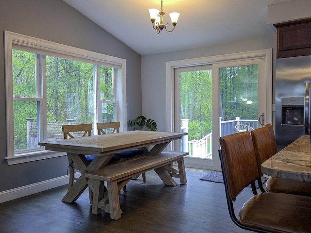 357 Ledge Rd, Seekonk, MA 02771 - dining area with lofted ceiling, a notable chandelier, dark wood-type flooring, and plenty of natural light