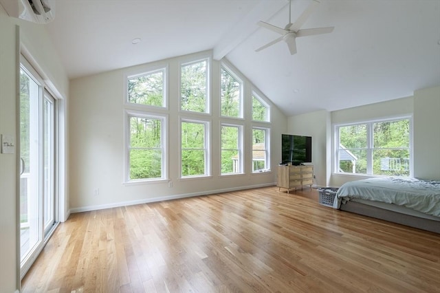 357 Ledge Rd, Seekonk, MA 02771 - bedroom featuring light wood finished floors, beamed ceiling, high vaulted ceiling, and multiple windows