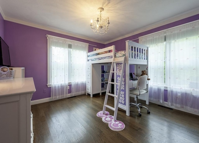 357 Ledge Rd, Seekonk, MA 02771 - bedroom with a chandelier, wood finished floors, visible vents, and ornamental molding