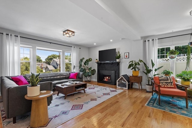 living room featuring light hardwood / wood-style floors and a fireplace