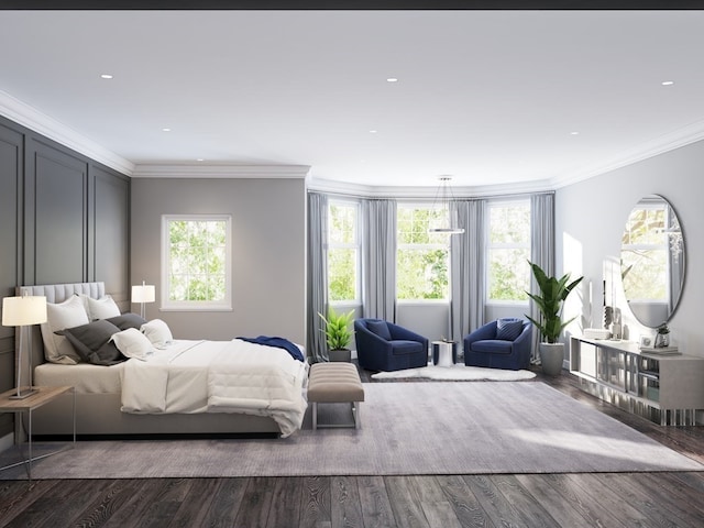 bedroom featuring crown molding and dark hardwood / wood-style flooring