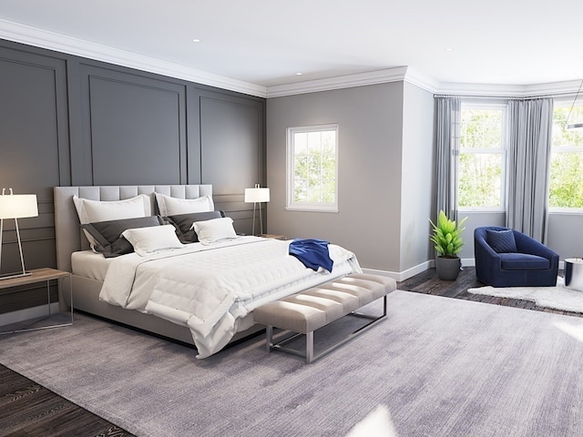 bedroom with multiple windows, dark hardwood / wood-style floors, and crown molding