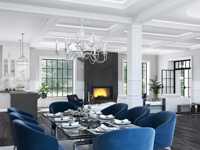 living room featuring dark hardwood / wood-style floors, coffered ceiling, and a fireplace