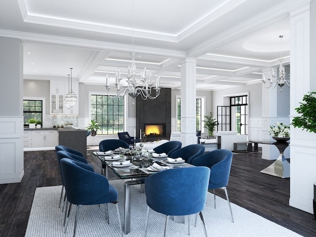 interior space with coffered ceiling, dark hardwood / wood-style floors, and a healthy amount of sunlight