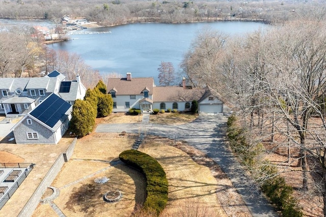 aerial view featuring a water view