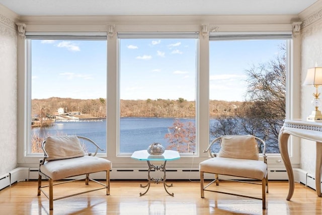 sunroom / solarium with a healthy amount of sunlight and a water view