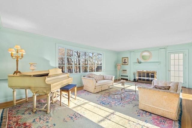 living area featuring a glass covered fireplace, wood finished floors, baseboards, and ornamental molding