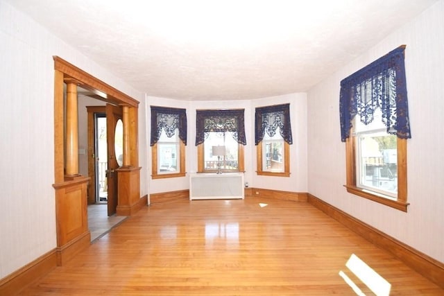 empty room featuring light wood-style floors, baseboards, and a healthy amount of sunlight
