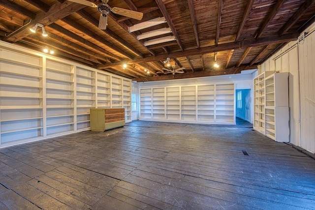 garage featuring ceiling fan and wooden ceiling