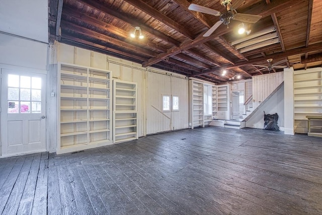 garage with ceiling fan and wooden ceiling