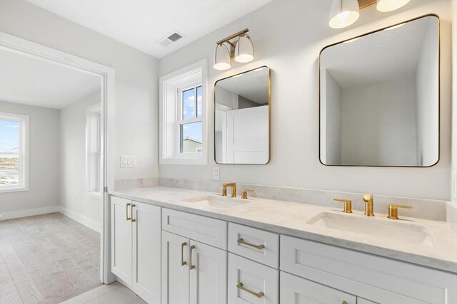 bathroom featuring a sink, visible vents, baseboards, and double vanity