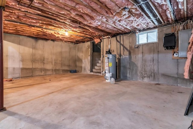 basement with water heater and electric panel