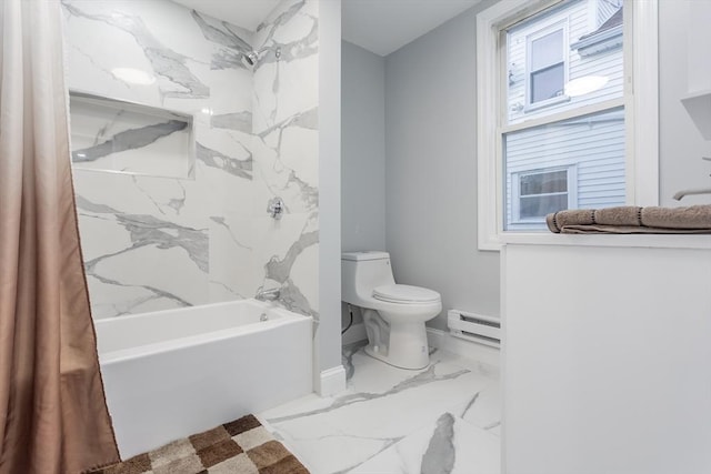 bathroom with a healthy amount of sunlight, toilet, shower / bathtub combination with curtain, and baseboard heating