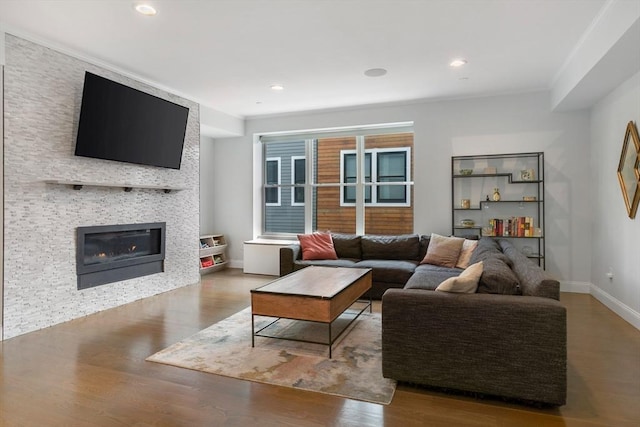 living room with wood-type flooring and a large fireplace