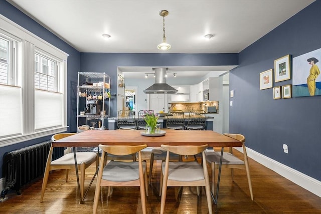dining room featuring radiator heating unit, wood finished floors, and baseboards