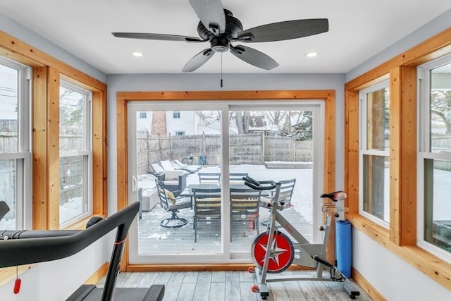 interior space featuring ceiling fan