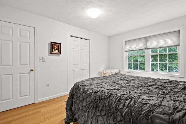bedroom with light wood finished floors, baseboards, and a closet
