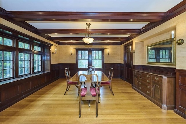 92 Dean Rd, Brookline, MA 02445 - dining room featuring a wainscoted wall, beam ceiling, and light wood-style flooring