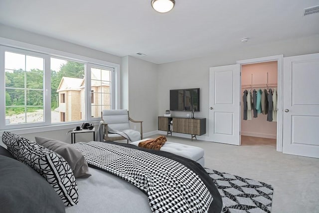 bedroom with a walk in closet, a closet, and carpet