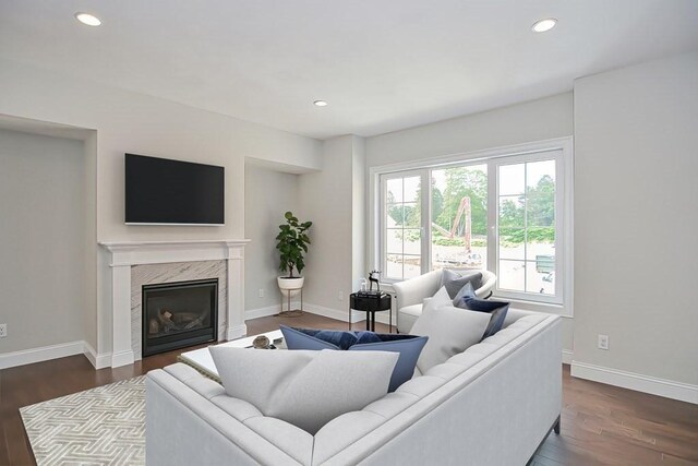 living room featuring dark wood-type flooring and a high end fireplace