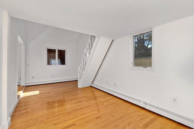 spare room featuring light hardwood / wood-style floors and a baseboard heating unit