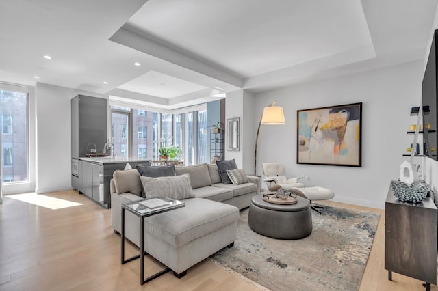 living room with light hardwood / wood-style flooring, a healthy amount of sunlight, and a tray ceiling