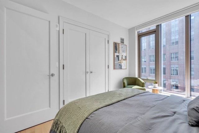 bedroom featuring light hardwood / wood-style flooring and a closet