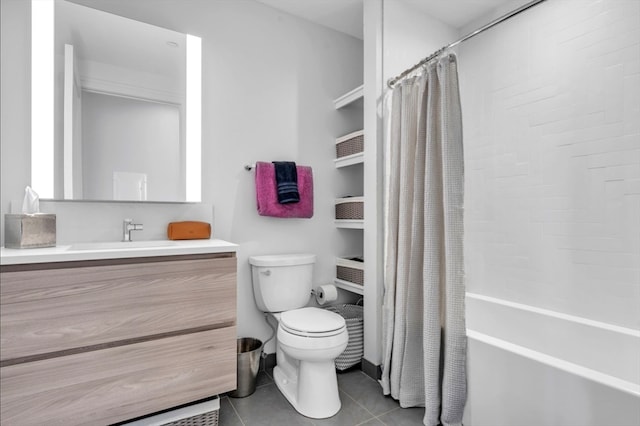 full bathroom with tile patterned floors, vanity, shower / tub combo, and toilet