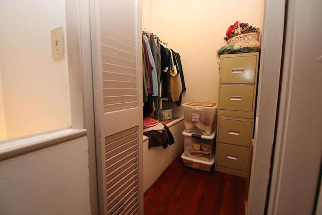 spacious closet featuring dark hardwood / wood-style flooring