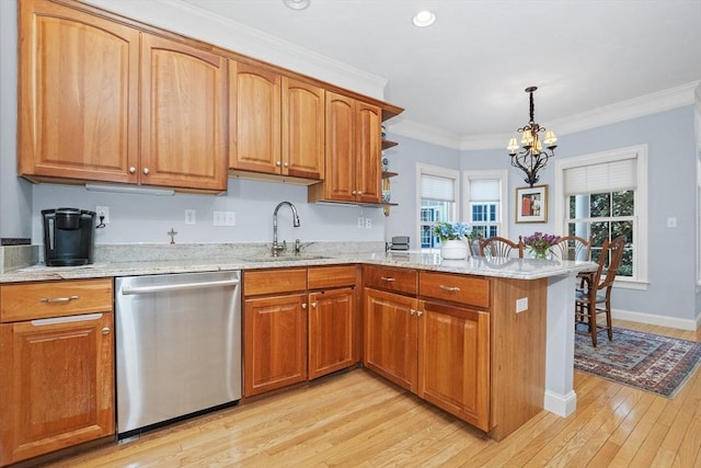 kitchen featuring crown molding, light stone counters, a peninsula, stainless steel dishwasher, and a sink