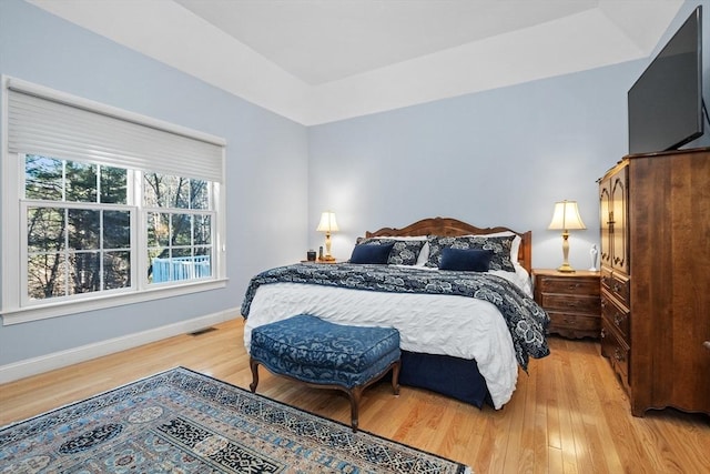 bedroom with visible vents, baseboards, and light wood-style floors