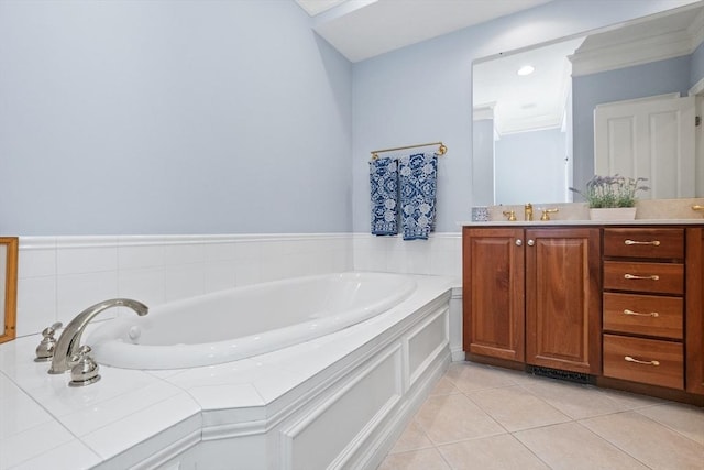 bathroom featuring crown molding, a bath, vanity, and tile patterned flooring